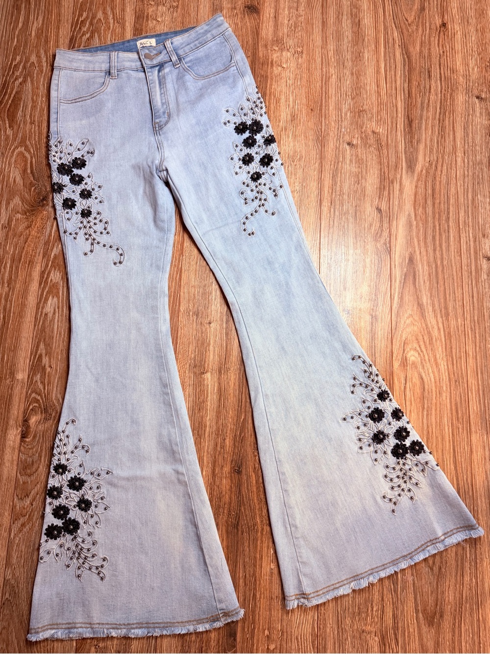 POL Light Blue Flared Jeans with Black Floral Embroidery
